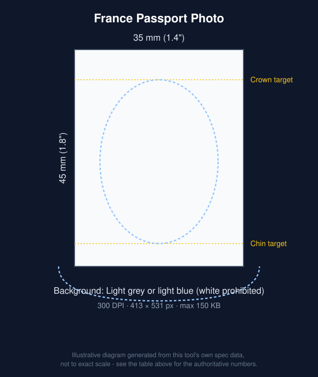 Diagram of France Passport Photo: 35x45mm with head-position guide bands